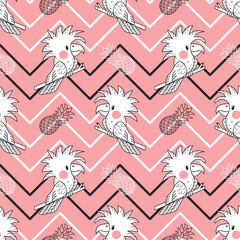 Fototapeta na wymiar Animals Background for Kids. Vector Seamless Pattern with doodle Cockatoo Parrot and Pineapple. Tropical Pattern with Birds and Fruits Children's Wallpaper.