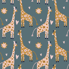 Giraffe flowers skin print, jungle vector seamless pattern, baby funny illustration in scandinavian style for kids, safari Africa wild animals texture, cute little cartoon characters © Knstart Studio