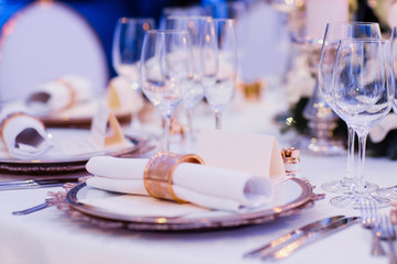 Empty glasses in restaurant. Table setting for celebration