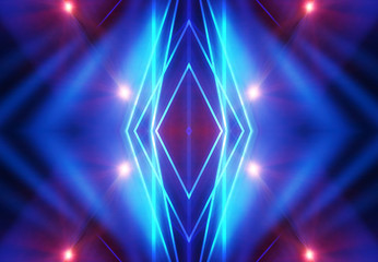 Dark abstract futuristic background. Neon lines glow. Neon lines, shapes. Pink-blue glow. Empty Stage Background