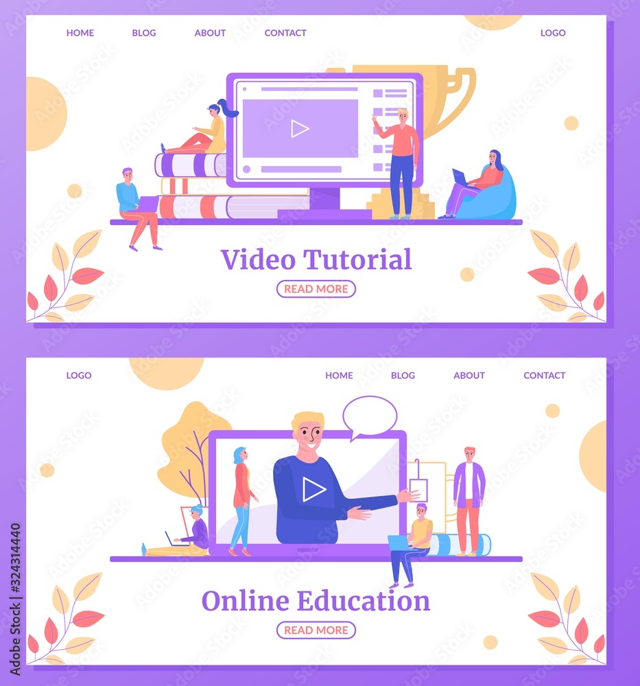 Poster online education web learning, university studies landing webpage vector illustration. online traini