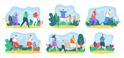 Obraz premium Runner people jogging healthy athletes characters, sport set flat vector illustration. Men, women running marathon race, eldery people. People runners training to competition isolated design elements.