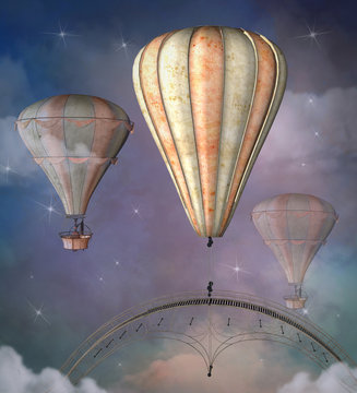 Flying steampunk hot air balloons in a cloudy and starry sky scenery