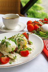 Gourmet meat meals assortment flat lay. Top view on restaurant table with menu of tasty grilled snacks. Concept for restaurant menu.
