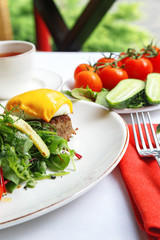 Gourmet meat meals assortment flat lay. Top view on restaurant table with menu of tasty grilled snacks. Concept for restaurant menu.