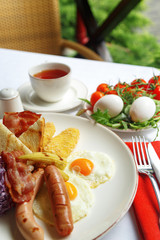 Gourmet meat meals assortment flat lay. Top view on restaurant table with menu of tasty grilled snacks. Concept for restaurant menu.