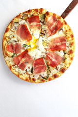 Gourmet meat meals assortment flat lay. Top view on restaurant table with menu of tasty grilled snacks. Concept for restaurant menu.