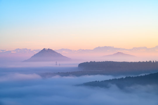 Germany, Baden-Wuerttemberg, Constance district, Fog over Hegau with Hohenhewen and Hohenstoffeln and Swiss Alps