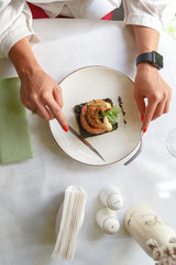 Gourmet meat meals assortment flat lay. Top view on restaurant table with menu of tasty grilled snacks. Concept for restaurant menu.