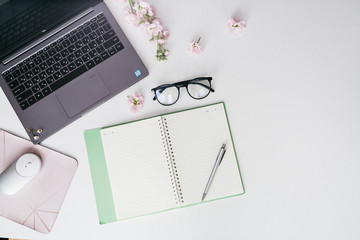 desktop top view with flowers
