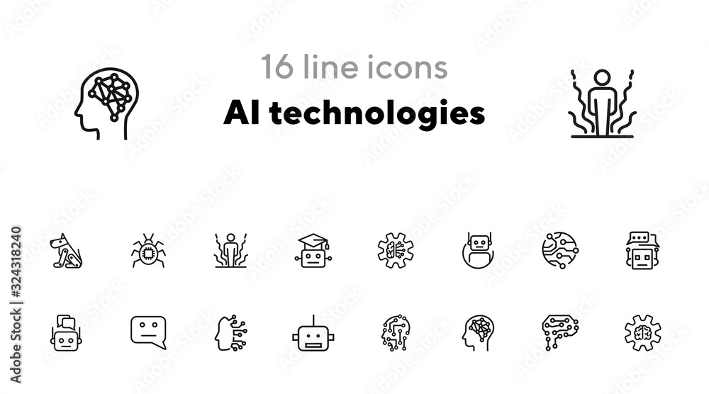 Poster ai technologies line icon set. circuit board, chat algorithm, cyber brain. artificial intelligence c