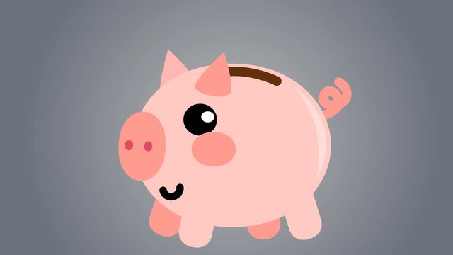 Saving money using a pig coin box animation isolated background. Inserting coin inside money box.