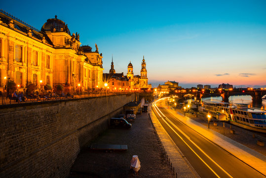 Germany, Saxony, Dresden, View to Elbe river and skyline at sunset
