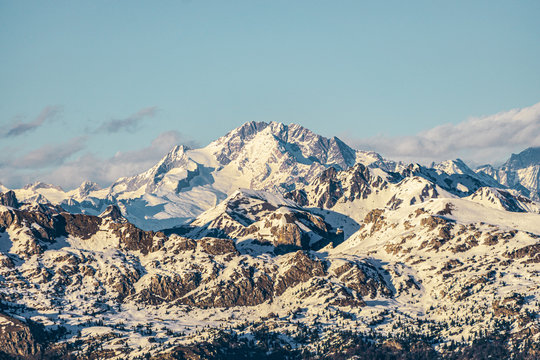 Nature and landscape during the late afternoon seen from the Lombard Mountains above the city of Lecco, Italy - February 2019.