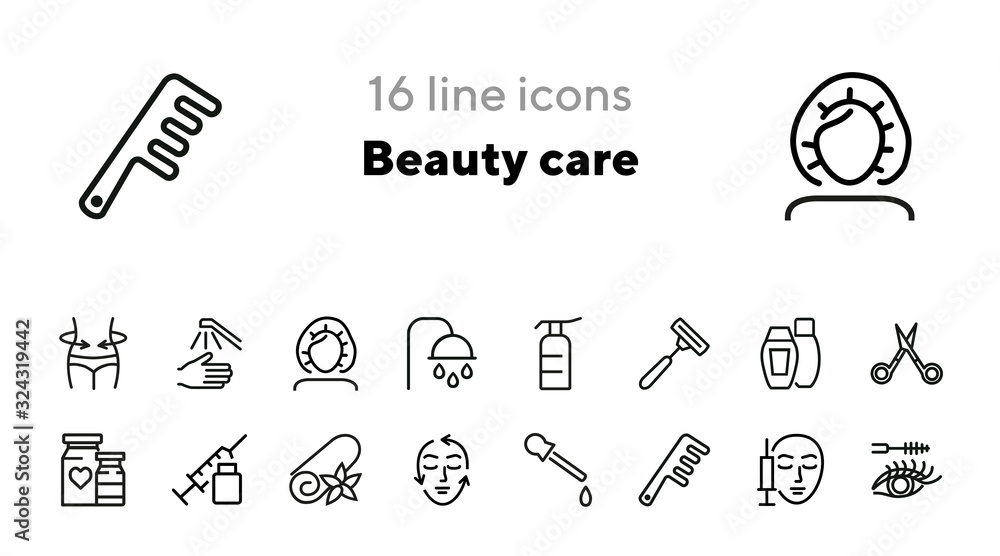 Sticker beauty care line icon set. shower, shampoo, injection, mascara. beauty concept. can be used for topi