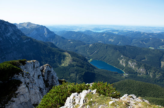 Austria, Salzkammergut, Eben lake, Feuerkogel, View of Langbathsee lake, Hoellen mountains
