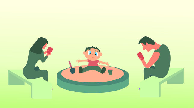 Sad child, without parental attention sitting in the sandbox. Problems of education. Illustration in flat style