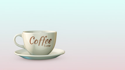 cup of coffee, label with text: coffee time, copy space (3d render)
