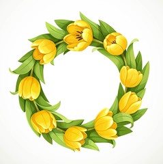 Wreath of yellow tulip flowers isolated on white background