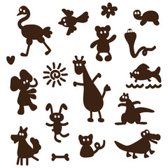 Fototapeta premium Vector Set of cartoon funny animals silhouettes