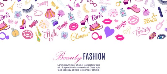 Fototapeta na wymiar Beauty shop and fashion vector illustration. Glamour, stylish cloths, accessories for ladies, cosmetics, body care, paris typography banner. Modern concepts for beauty shop poster or web banner.