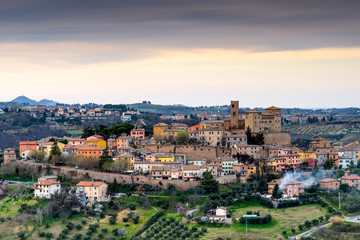 Panorama of the medieval village of Longiano in the Emilia Romagna hills near Cesena in Italy,...