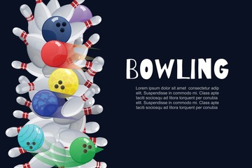 Bowling colorful balls crashing into the white glossy skittles vector illustration. Sport bowling theme poster or banner with typography and black background. Bowling sportive club.