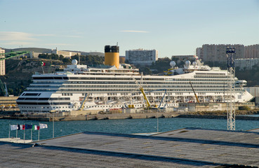 Cruiseship or cruise ship liner in dry dock for maintenance or refurbishment works in Marseille