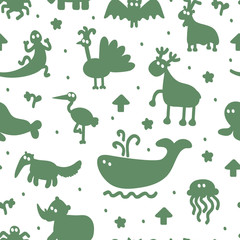 Silhouettes of different cartoon animals. Vector Seamless Pattern of funny animals. Bright children's wallpaper.