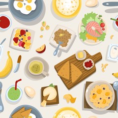 Breakfast healthy products vector illustration seamless pattern. Products contain high elements and vitamins for health. Bread and butter, eggs, cheese, fruit salad for breakfast background.