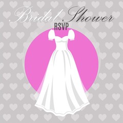 Bridal shower dress vector illustration on hearts background. Bridal shower or wedding invitation template. Wedding dresses shop boutique advertisement poster or banner.