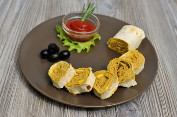 Homemade liver pate with butter in the shape roll, liver pate with butter.