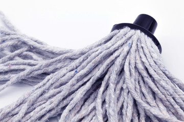 The white background of the horizontal photo in the center shows a MOP made of loose ropes for washing floors without a stick