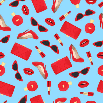 Fashion pattern design with parfume, heels, bags, pomades, lips and sumglasses. Fashion background black and red color. Seamless pattern design