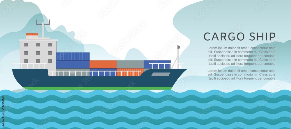 Wall mural cargo container sailing ship cartoon vector illustration. seagoing commercial freight transport with