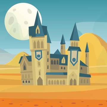 Fantasy fairytale medieval castle in night landscape with big scary moon vector illustration. Cartoon castle for wizards, warlocks or princess in desert landscape. Poster for children books cover.