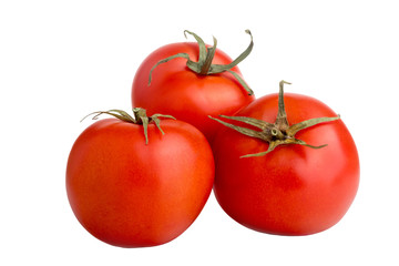  three ripe red vegetables with a tail of tomatoes on a white background
