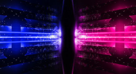 Wet asphalt, reflection of neon lights, a searchlight, smoke. Abstract light in a dark empty street with smoke, smog. Dark background scene of empty street, night view, night city.