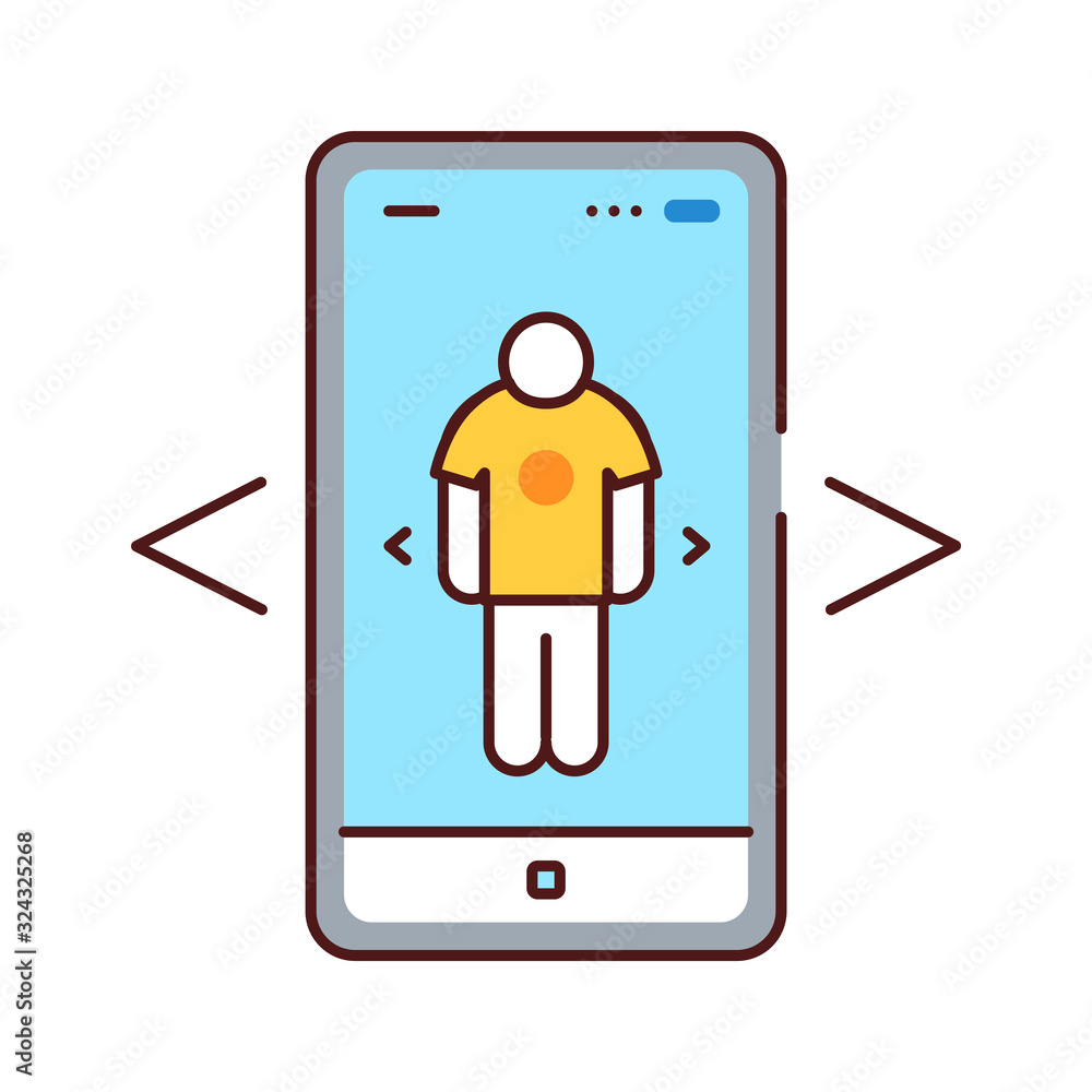 Poster augmented reality online shopping color line icon. virtual fitting room in smartphone. pictogram for