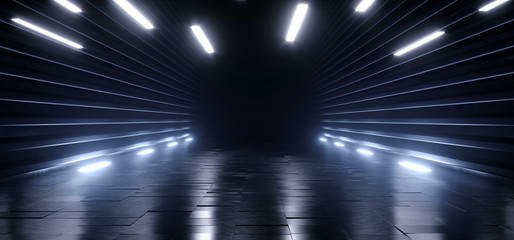 Sci Fi Futuristic Neon Led Glowing Blue Laser Fluorescent Retro Modern Alien Spaceship Corridor Tunnel Metal Cement Concrete Dark Background 3D Rendering
