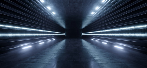Sci Fi Futuristic Neon Glowing Blue Laser Fluorescent Retro Modern Alien Spaceship Corridor Tunnel Metal Cement Concrete Dark Background 3D Rendering
