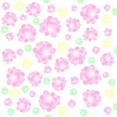 Floral seamless pattern. Female print with small flowers. Green, yellow, pink, purple on white background. Illustration.
