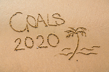 foamy sea water and Inscription Goals 2020 on the sandy beach
