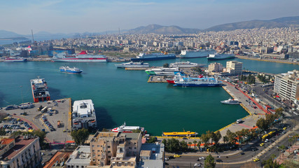 Fototapeta na wymiar Aerial drone panoramic photo of famous busy port of Piraeus one of the largest in Mediterranean, Attica, Greece