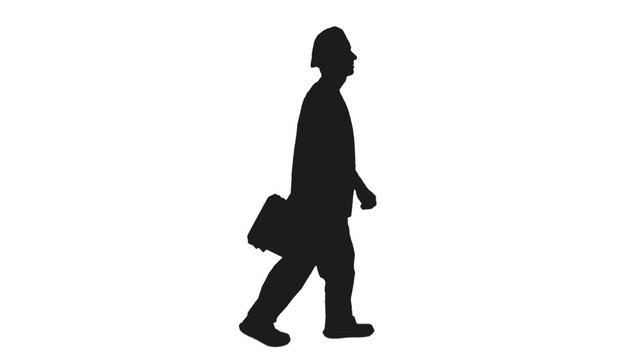 Black and white silhouette of mid adult man walking with suitcase, Side view, Full HD footage with alpha transparency channel isolated on white background