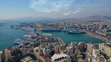 Naklejka na ściany i meble Aerial drone panoramic photo of famous busy port of Piraeus one of the largest in Mediterranean, Attica, Greece