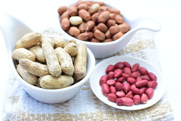 Dried peanuts (Arachis hypogaea) peanuts in shells, whole and chopped in containers