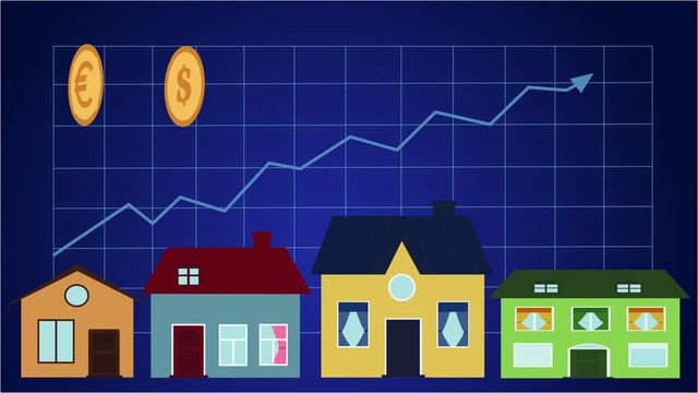 2D animation, two signs of European and USA currency spinning on top left corner, arrow depicting growth of population income raising on graph as bigger buildings appearing on the bottom.