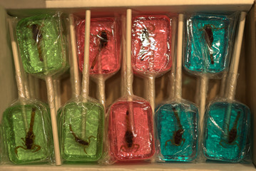 Scorpion suckers for sale in Arizona, USA. Sweet flavored lollipops containing a real scorpion.