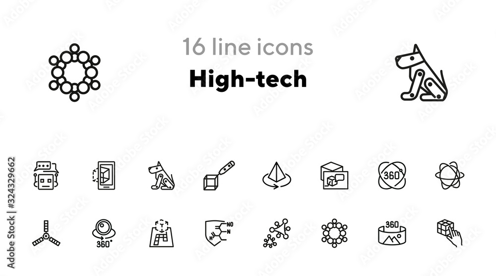 Poster high-tech line icon set. molecule model, ar projection, artificial satellite. modern technology conc